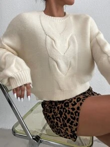 SHEIN Essnce Drop Shoulder Solid Cable Knit Jumper - Apricot - View 5