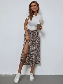 SHEIN Clasi 小碎花開衩短裙 - 咖啡棕 - 查看 6