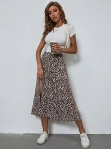 SHEIN Clasi 小碎花開衩短裙 - 咖啡棕 - 查看 7