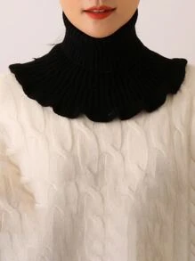 女士围脖荷叶边高领假领子保暖秋冬季围巾柔软假领子时尚针织围巾纯色 - 黑色 - 查看 4