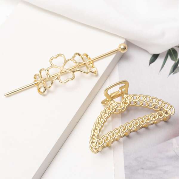 

1pc Metal Hair Claw & 1pc Hair Slide With Stick, Gold