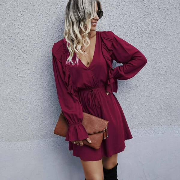 

Flounce Sleeve Ruffle Trim Dress, Burgundy