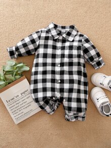 Yierying Baby Boy Patch Pocket Button Front Gingham Jumpsuit - Black and White - View 1