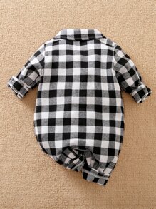 Yierying Baby Boy Patch Pocket Button Front Gingham Jumpsuit - Black and White - View 2