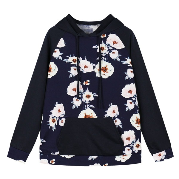 

Floral Print Kangaroo Pocket Hoodie, Navy blue