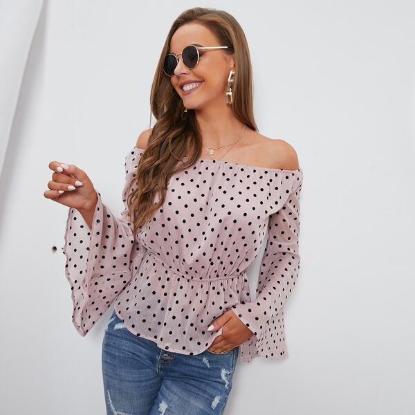 

Polka Dot Off The Shoulder Flounce Sleeve Blouse, Multicolor