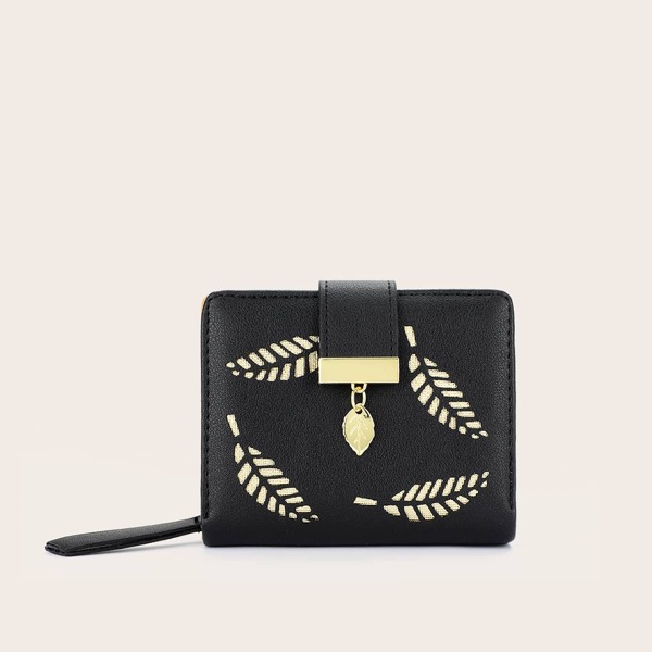 

Leaf Pattern Fold Over Small Wallet, Black