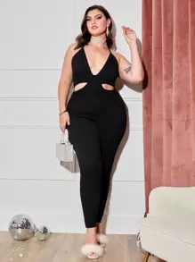 SHEIN Jumpsuit halter de espalda abierta de cuello profundo con abertura - Negro - Ver 1