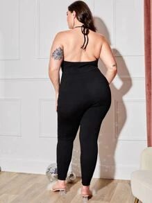 SHEIN Jumpsuit halter de espalda abierta de cuello profundo con abertura - Negro - Ver 2