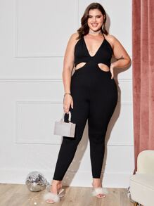 SHEIN Jumpsuit halter de espalda abierta de cuello profundo con abertura - Negro - Ver 3