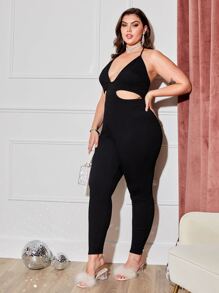 SHEIN Jumpsuit halter de espalda abierta de cuello profundo con abertura - Negro - Ver 4