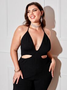 SHEIN Jumpsuit halter de espalda abierta de cuello profundo con abertura - Negro - Ver 5