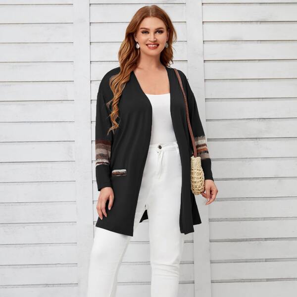 

Plus Graphic Print Drop Shoulder Open Front Coat, Black