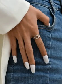 方晶鋯石裝飾鏤空開口戒指 - 銀色 - 查看 1