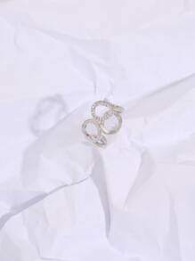 方晶鋯石裝飾鏤空開口戒指 - 銀色 - 查看 2