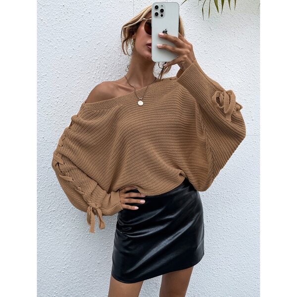 

Boat Neck Lace Up Dolman Sleeve Sweater, Camel