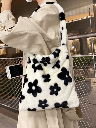 Fuzzy Floral Pattern Shoulder Tote Bag
