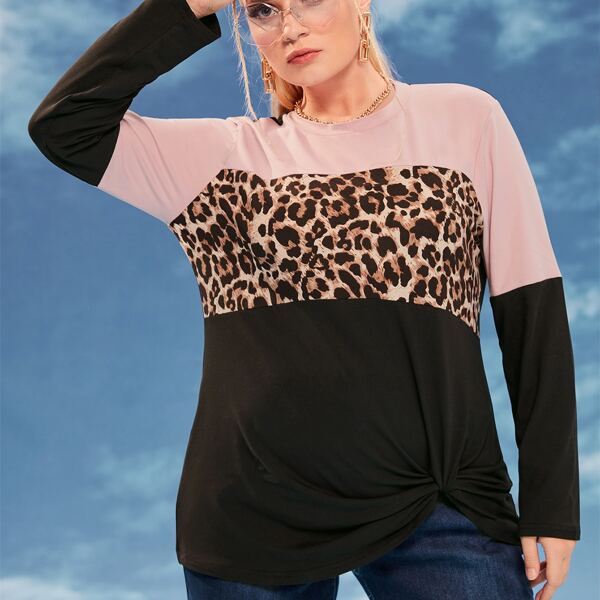 

Plus Leopard Print Colorblock Twist-Front Top, Multicolor