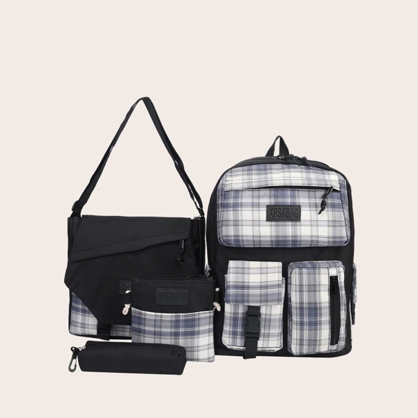 

4pcs Plaid Pattern Letter Patch Backpack Set, Multicolor