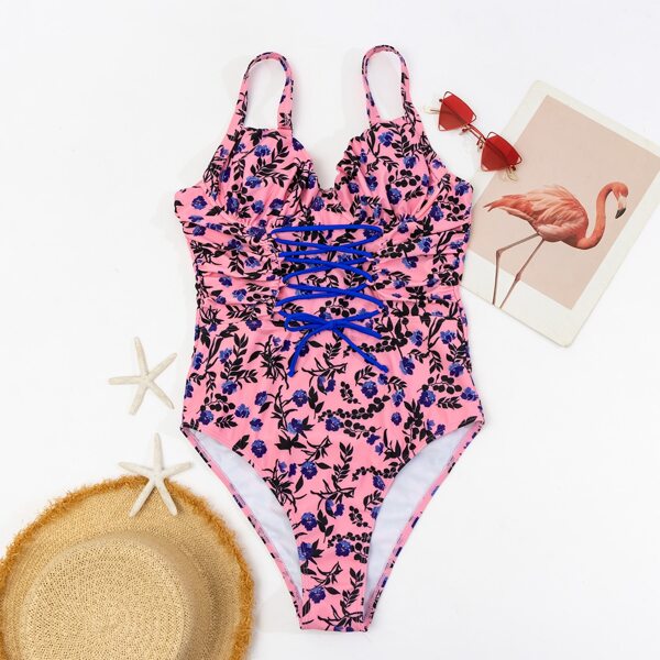 

Ditsy Floral Lace-up One Piece Swimsuit, Multicolor