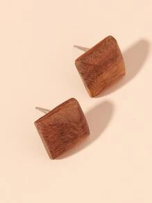 木頭幾何裝飾耳釘 - 咖啡棕 - 查看 3