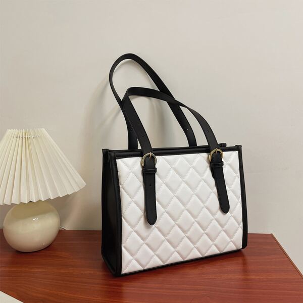 

Buckle Detail Quilted Shoulder Tote Bag, Black and white