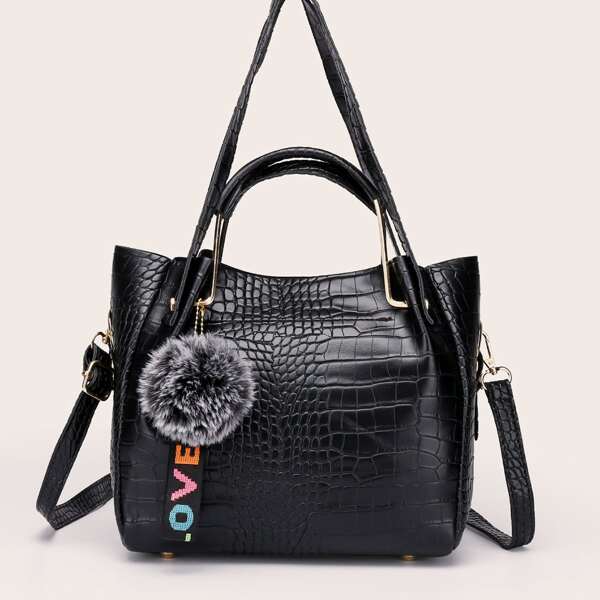 

Croc Embossed Shoulder Tote Bag With Bag Charm, Black