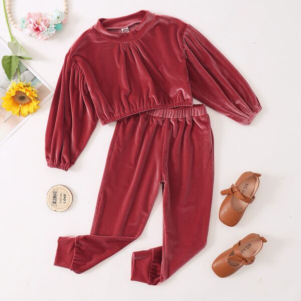 

Toddler Girls Mock Neck Drop Shoulder Velvet Pullover & Sweatpants, Rose red