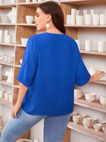 SHEIN LUNE Plus Roll Tab Sleeve Button Placket Blouse - Royal Blue - View 2
