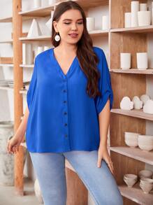 SHEIN LUNE Plus Roll Tab Sleeve Button Placket Blouse - Royal Blue - View 4