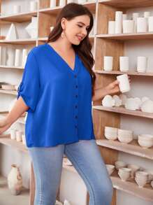 SHEIN LUNE Plus Roll Tab Sleeve Button Placket Blouse - Royal Blue - View 5