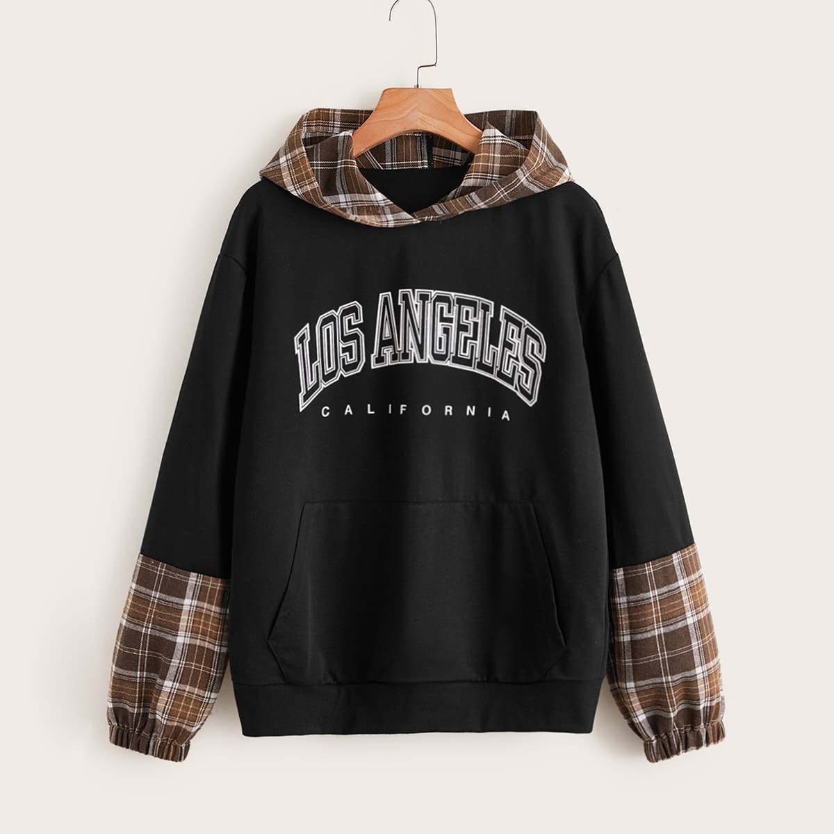 

Letter Contrast Plaid Pocket Hoodie, Black