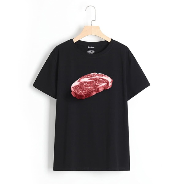 

Men Round Neck Meat Print Tee, Black