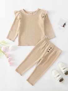 Baby Velvet Ruffle Lettuce Trim Top With Trousers - Khaki - View 4