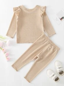 Baby Velvet Ruffle Lettuce Trim Top With Trousers - Khaki - View 2