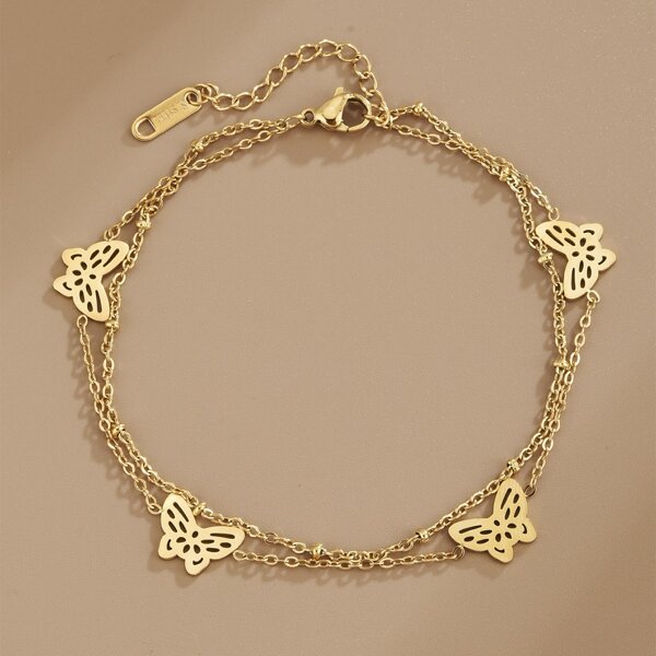 

Butterfly Decor Layered Anklet, Gold