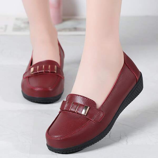

Leather Metal Decor Wedge Loafers, Burgundy