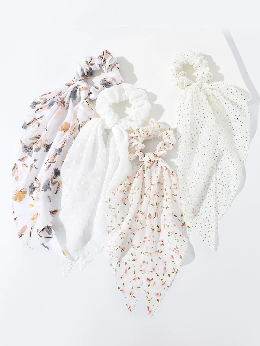 4pcs Floral Print Scarf Hair Tie Boho Ponytail Holders Hair Elastics Hair Rubber Bands Scrunchies Hair Rope Elastic Hair Tie - Multicolor - View 1