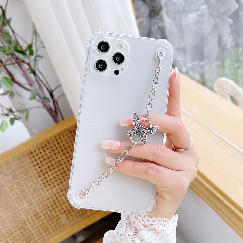 

Clear Phone Case With Butterfly Chain Hand Strap, Multicolor