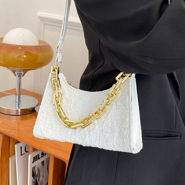 

Chain Decor Textured Square Bag, White