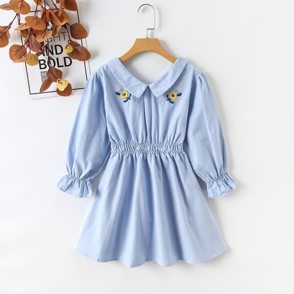 

Girls Flower Embroidered Flounce Sleeve Dress, Baby blue