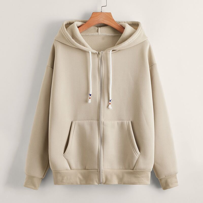 

Solid Zip Up Pocket Drawstring Hoodie, Apricot