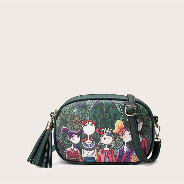 

Tassel Decor Figure Graphic Crossbody Bag, Green