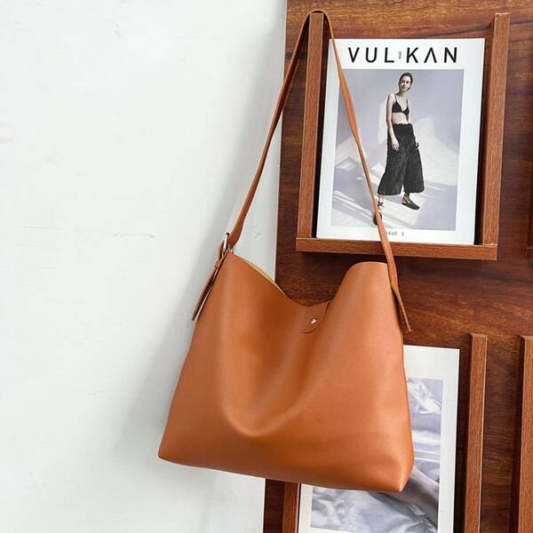 

Minimalist Snap Button Bucket Bag, Brown