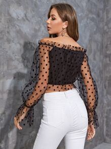 Blusa de lunares ribete con fruncido de hombros descubiertos de manga con volante de malla - Negro - Ver 2