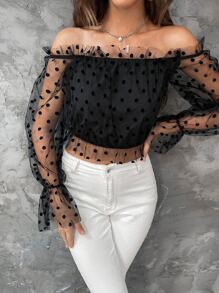 Blusa de lunares ribete con fruncido de hombros descubiertos de manga con volante de malla - Negro - Ver 3