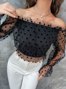Blusa de lunares ribete con fruncido de hombros descubiertos de manga con volante de malla - Negro - Ver 4