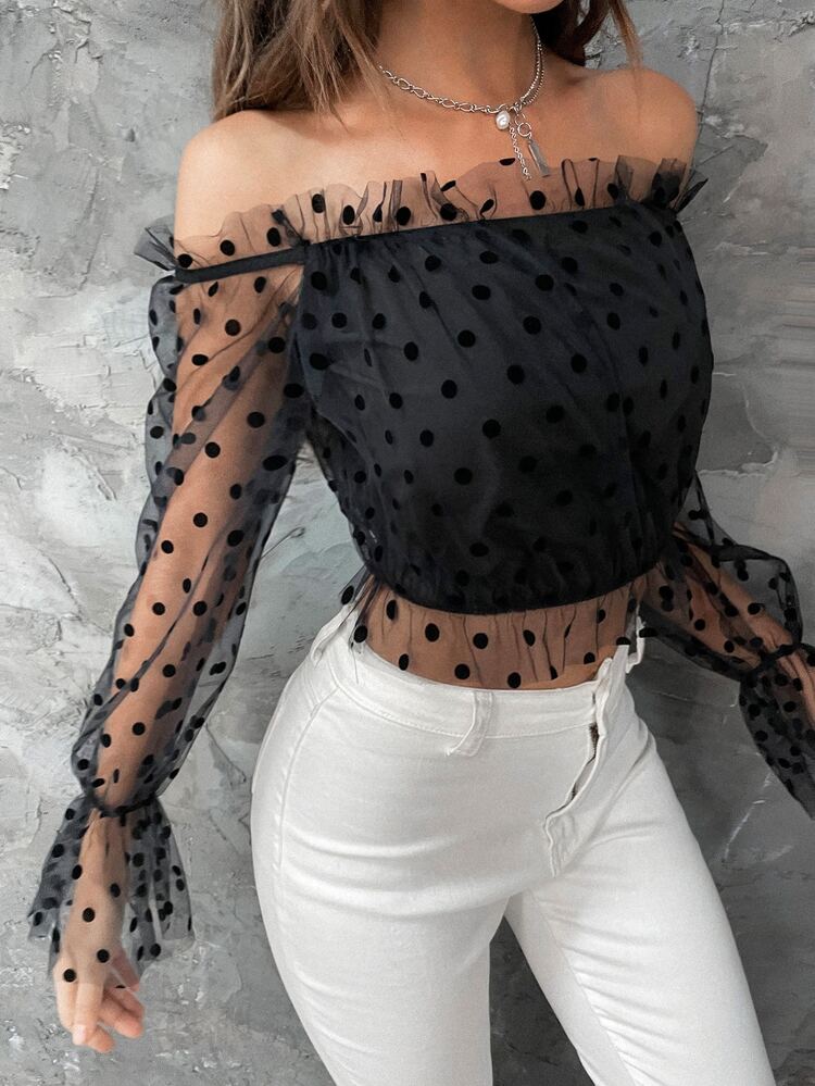 Blusa de lunares ribete con fruncido de hombros descubiertos de manga con volante de malla - Negro - Añade 5