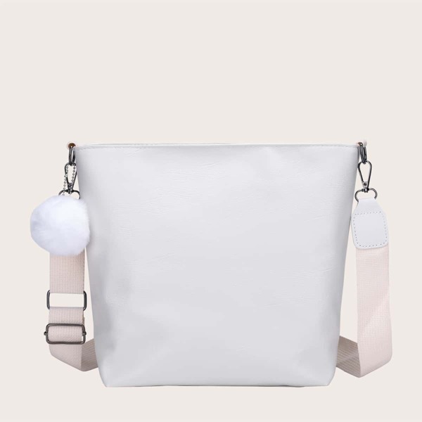 

Minimalist Crossbody Bag With Pom-pom Bag Charm, White