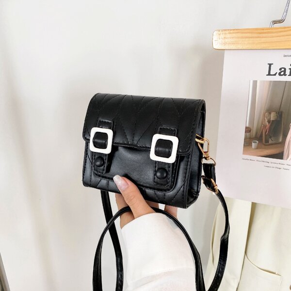 

Quilted Embossed Buckle Decor Crossbody Bag, Black